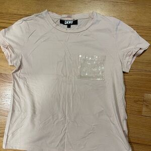 DKNY Pale Pink Crewneck Tee With Sequined Pocket Short Sleeves Small